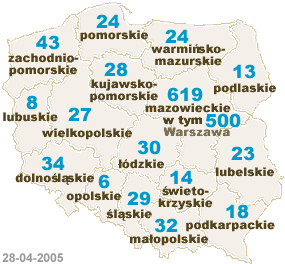 Mapka Polski ilustrujca rozmieszczenie uytkownikw IdN w poszczeglnych wojewdztwach